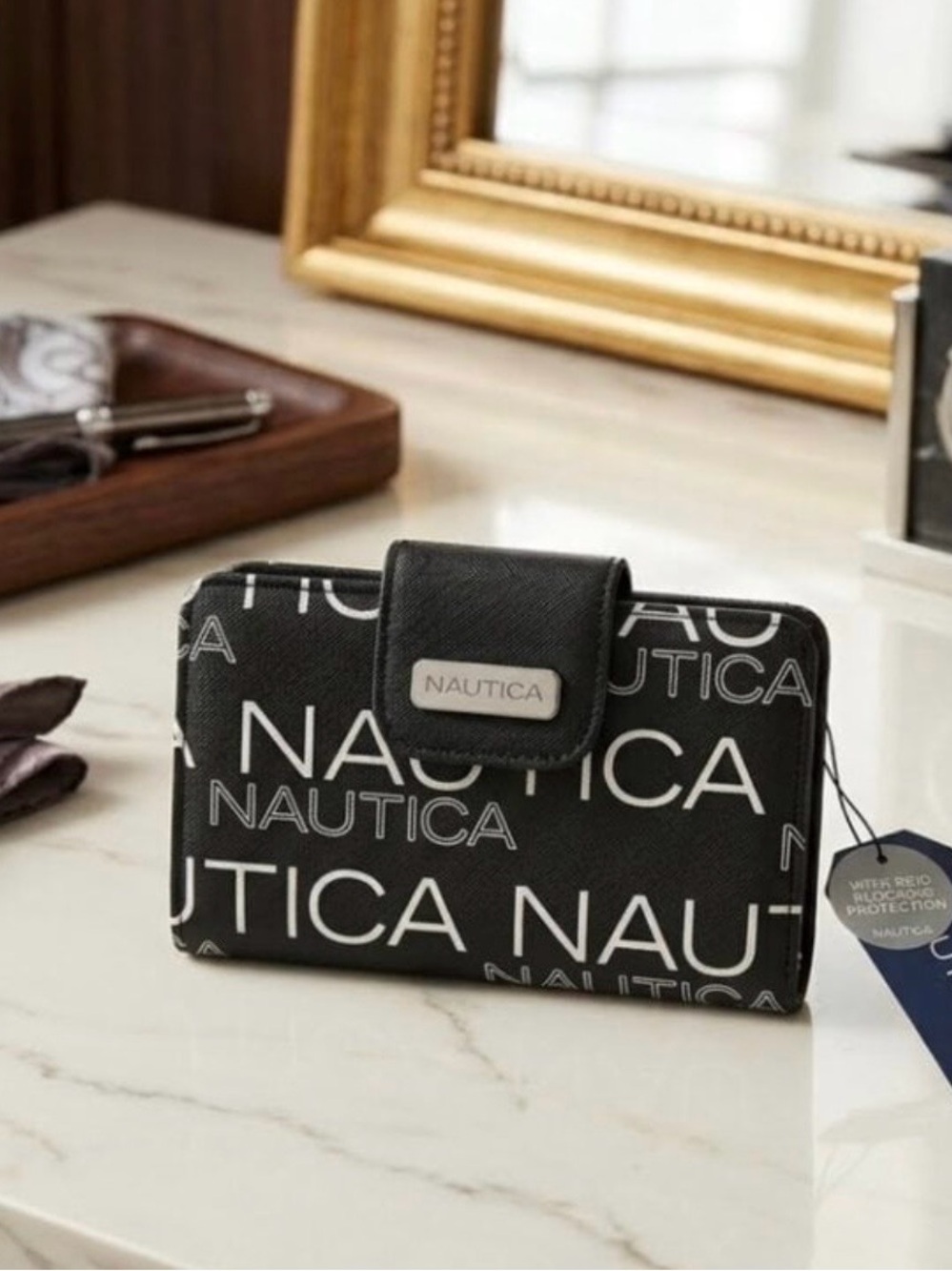 Nautica Black Logo Snap Card Holder Wallet
